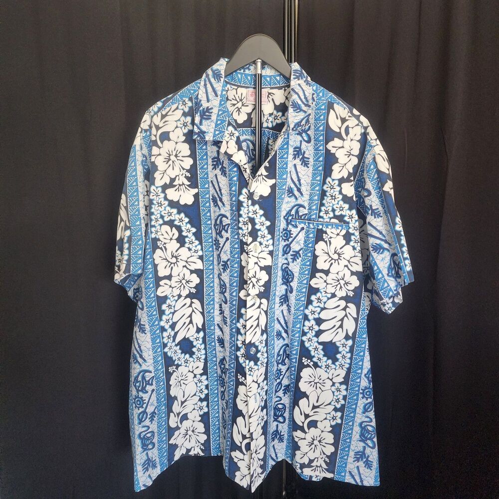Vintage Kalena Fashions of Hawaii Men's 4XL Aloha Shirt - Blue & White Panel